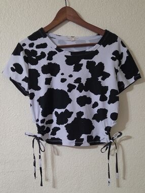 Cow Print Drawstring Crop Top - Black & White